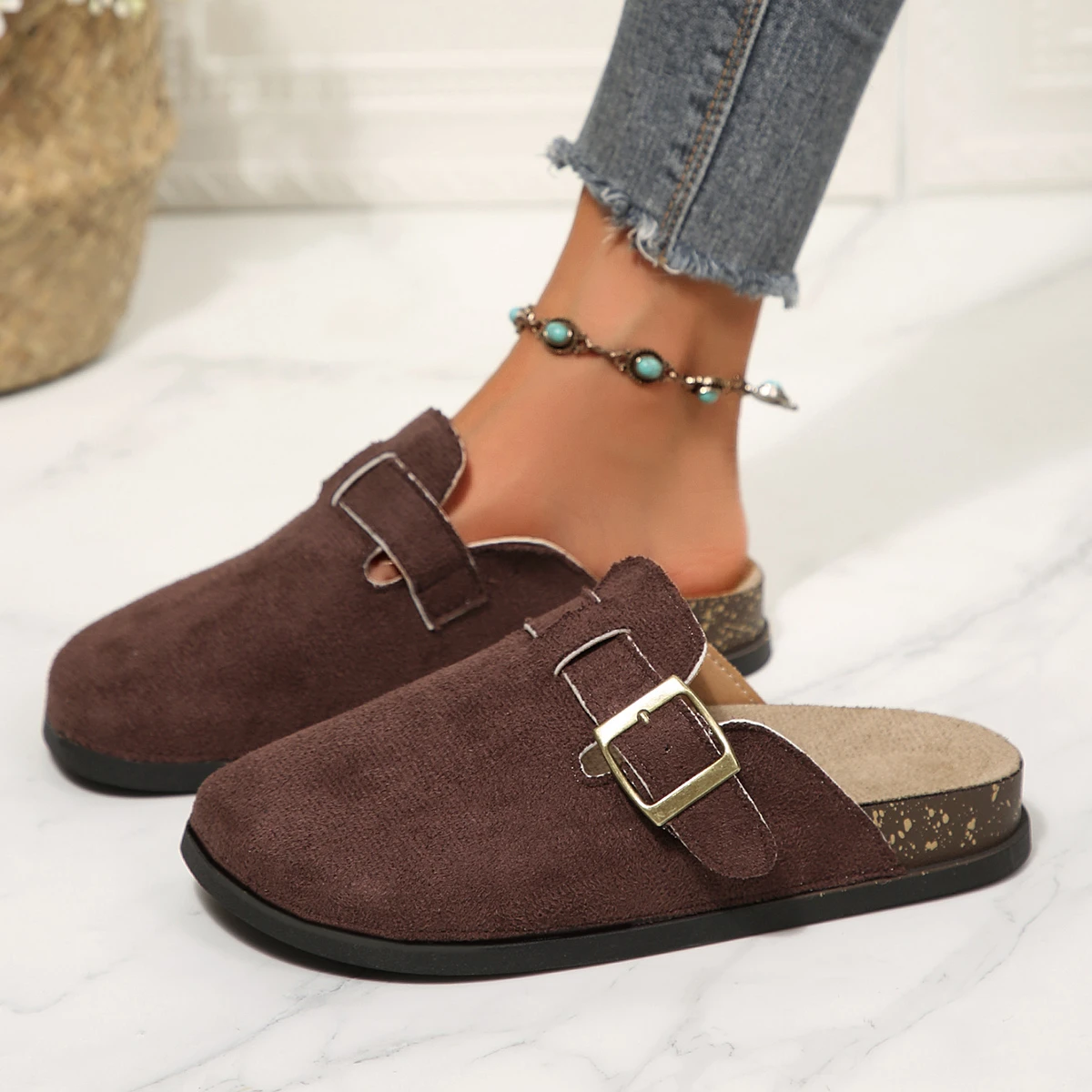 2026 Women Slippers Round Toe Rubber Sole Sandals Large Size Thick Bottom Slippers Retro Belt Buckle Outdoor Shoes Slides Women