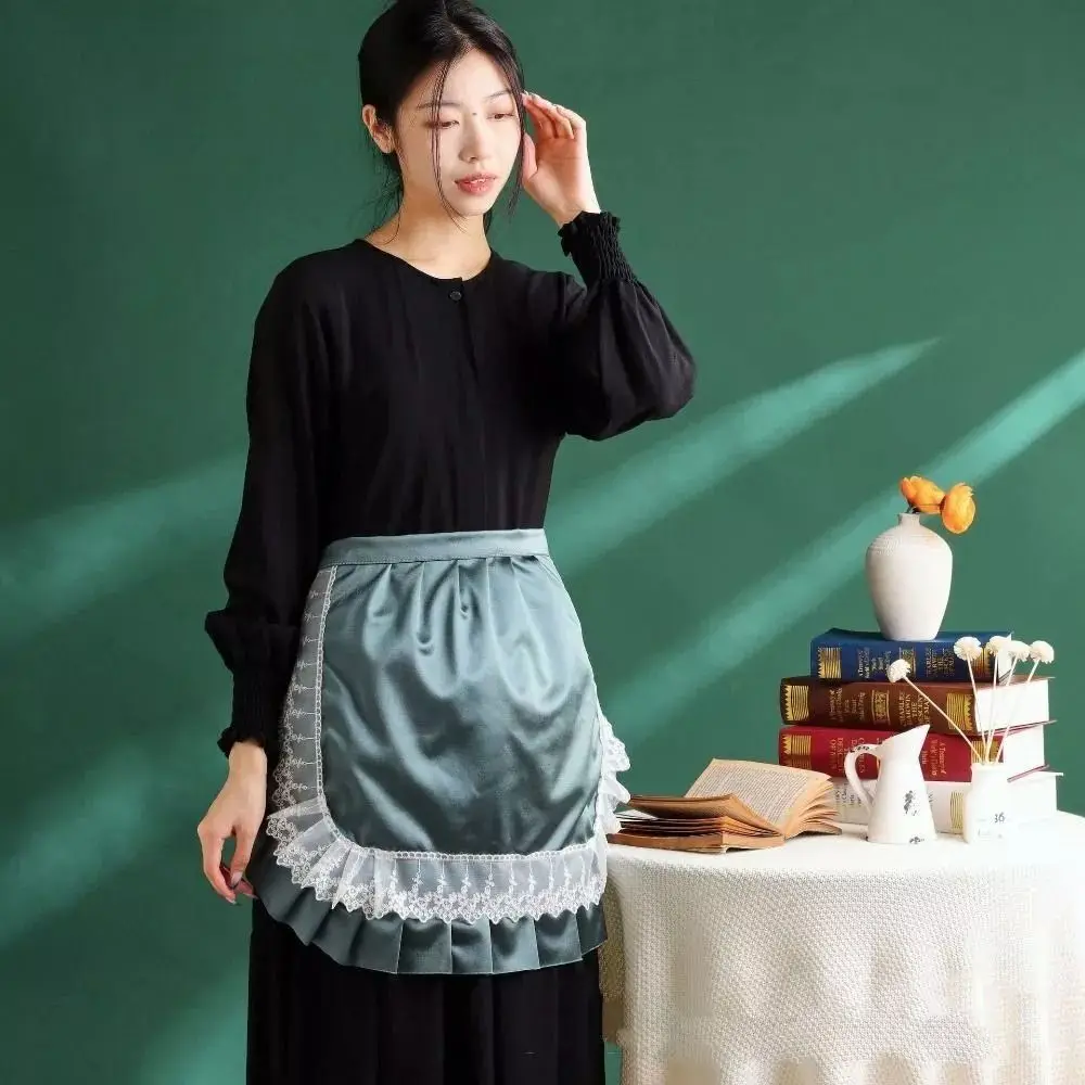 New Ruffle Lace Trim Ruffled Half Apron Solid Color Water Resistant Waist Apron Kitchen Women Kitchen Apron