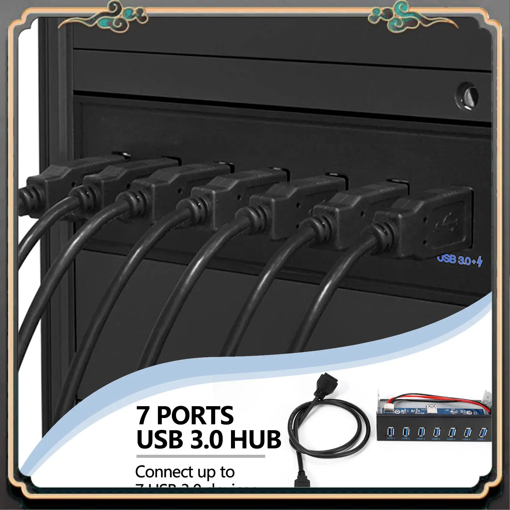 

7 Port USB 3.0 Hub 5Gbs 5.25Inch CD-ROM Drive Bay CD ROM Front Panel For Computer Case+USB 3.0 19-Pin Header To Type-A Male Cabl