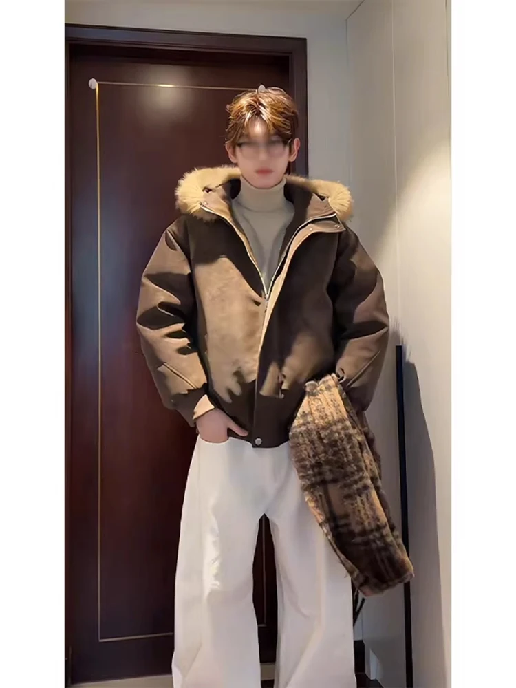 

Thiened American Sle Men's Cotton Jaet with Hood Large Fur Collar Winter Coat Matte Leather Warmth Outerwear Coat