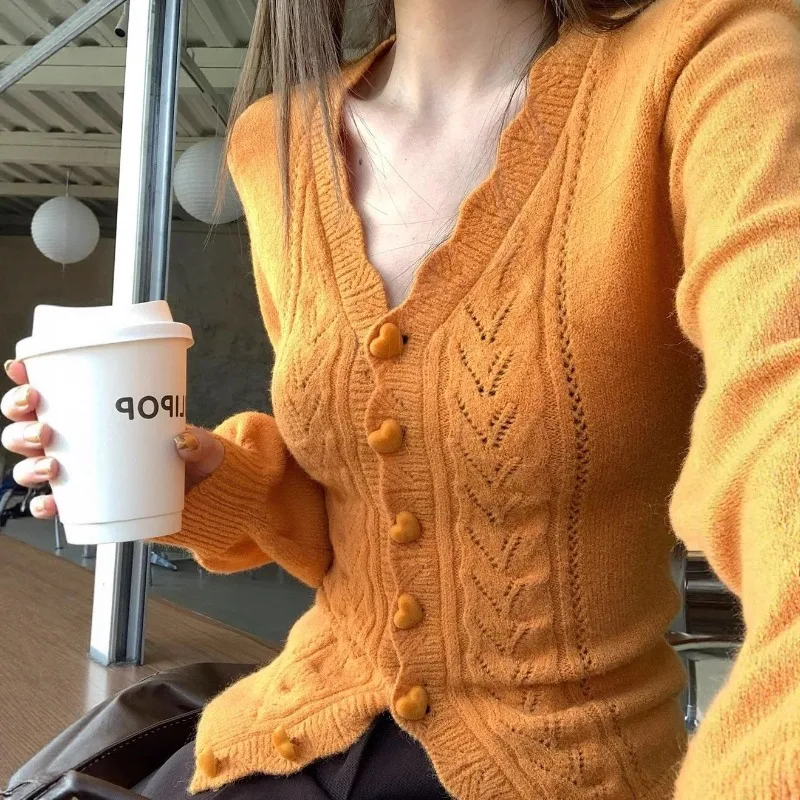 

Осень/зима 2022, новый стиль, кружевной блейзер с v-образным вырезом и вышивкой, вязаный кардиган со спинкой, облегающий женский свитер