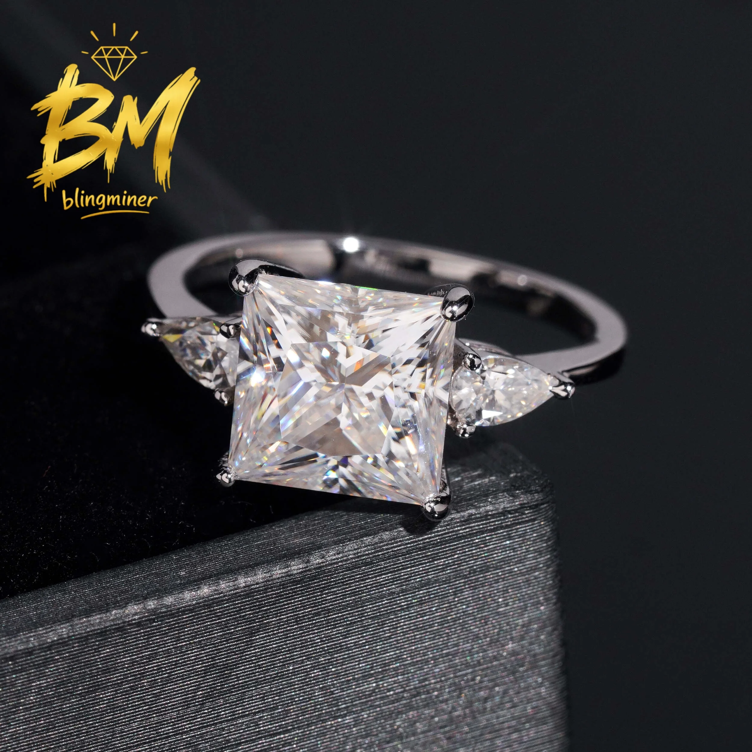 Blingminer High Quality Princess Cut 4CT S925 Silver VVS Moissanite Rings Engagement Wedding Women Finger Jewelry Pass Diamonds