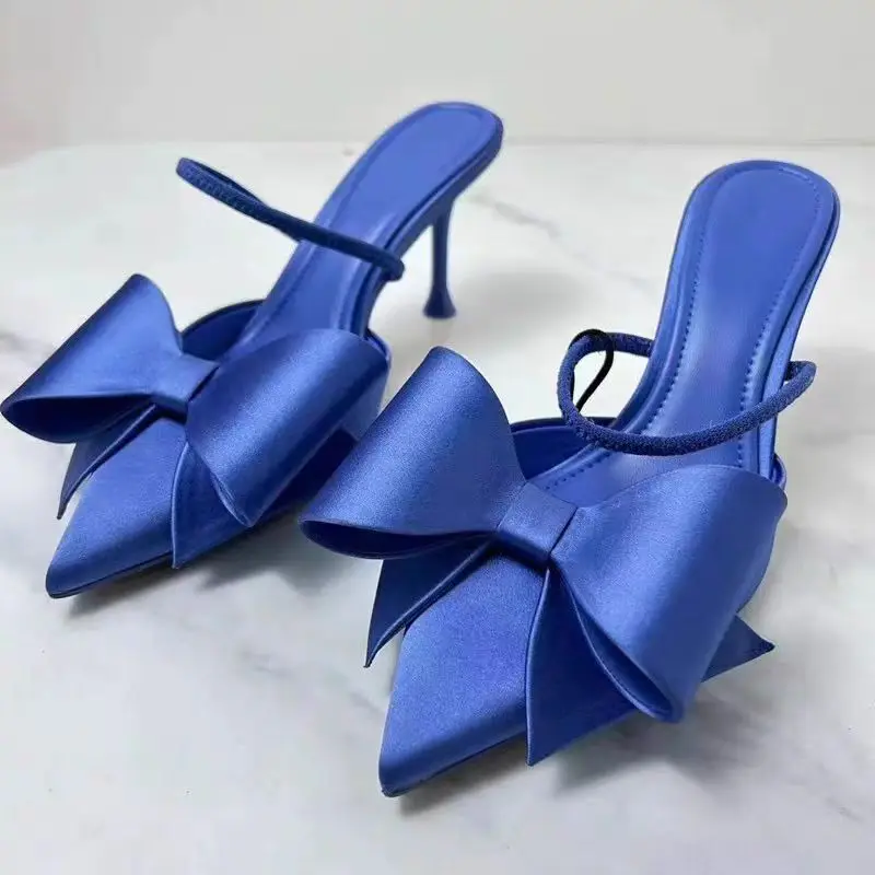 TRAF French Retro Blue Bow High Heels New  Point Head Stilettos Slingbacks For Woman Women Elegant Satin Fabric Sandals Shoes