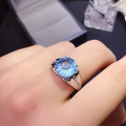 Light Blue Topaz Ring for Men 4ct 10mm Natural Topaz Men Jewelry Solid 925 Silver Gemstone Ring with 3 Layers 18K Gold Plating