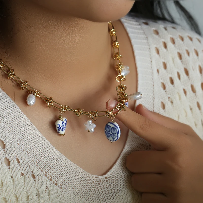 EILIECK 316L acier inoxydable breloques perle étoile céladon pendentif goutte collier pour femmes doré populaire été mode bijoux