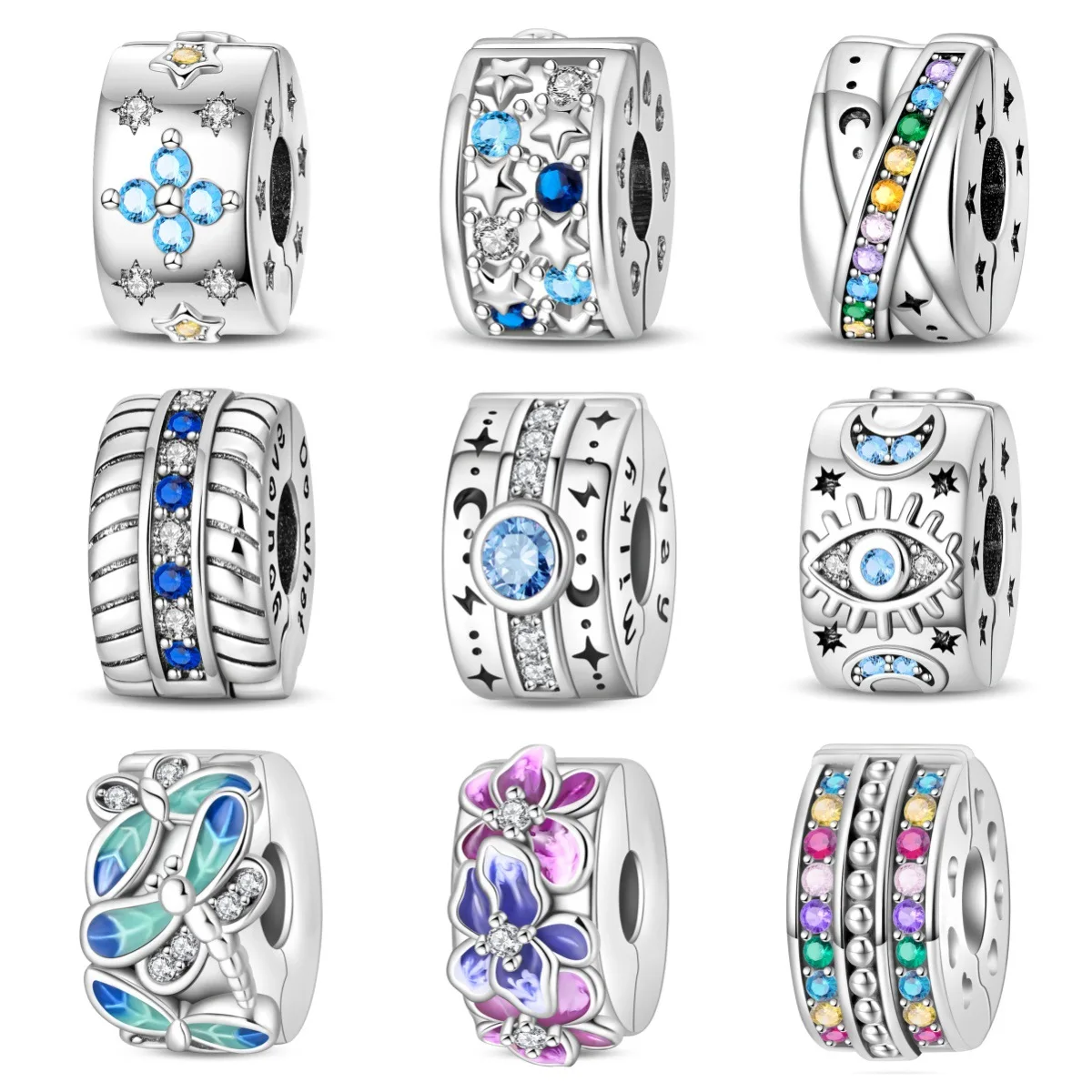 Original Charms Silver Plated Beads Fit Bracelets Charms Diy Women Gift Accessory  Eye Dragonfly Flower Blue Crystal Spacer