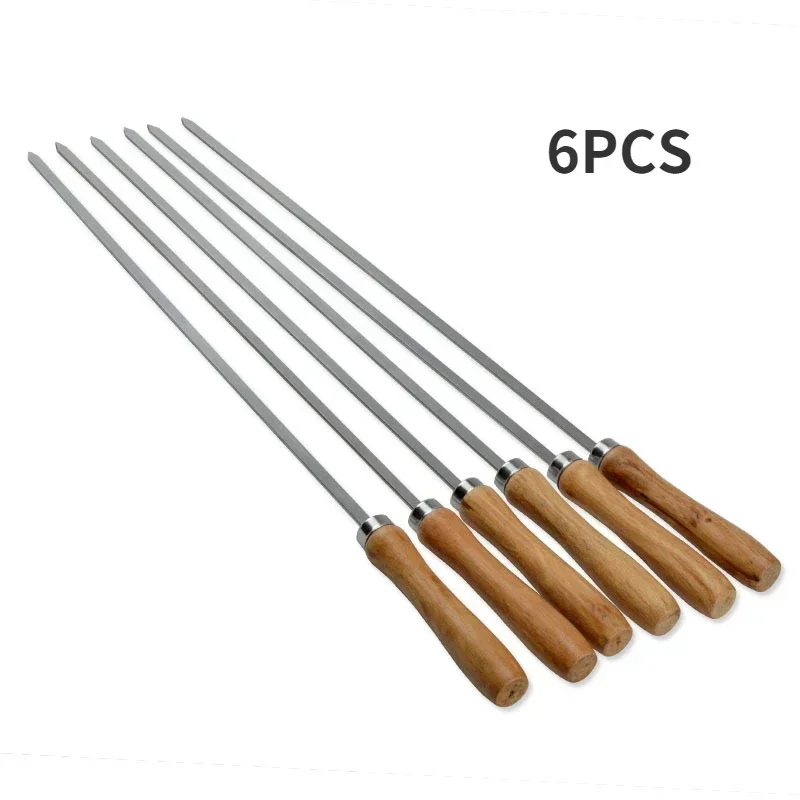 BBQ Skewer Stainless Steel Shish Kebab BBQ Fork Set Long Flat Wood Handle Barbecue Needle Meat Grill Outdoor Tools 6pcs