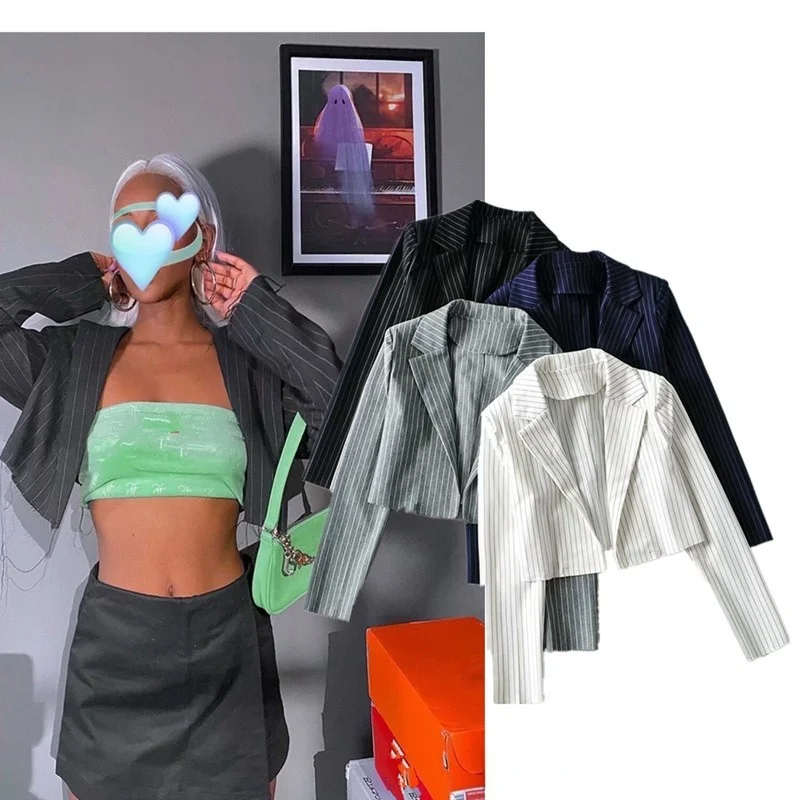 

Classic American Retro Early Autumn ort Casual Striped Suit Jaet Street Sle V-Ne Long Sve Women's Faion