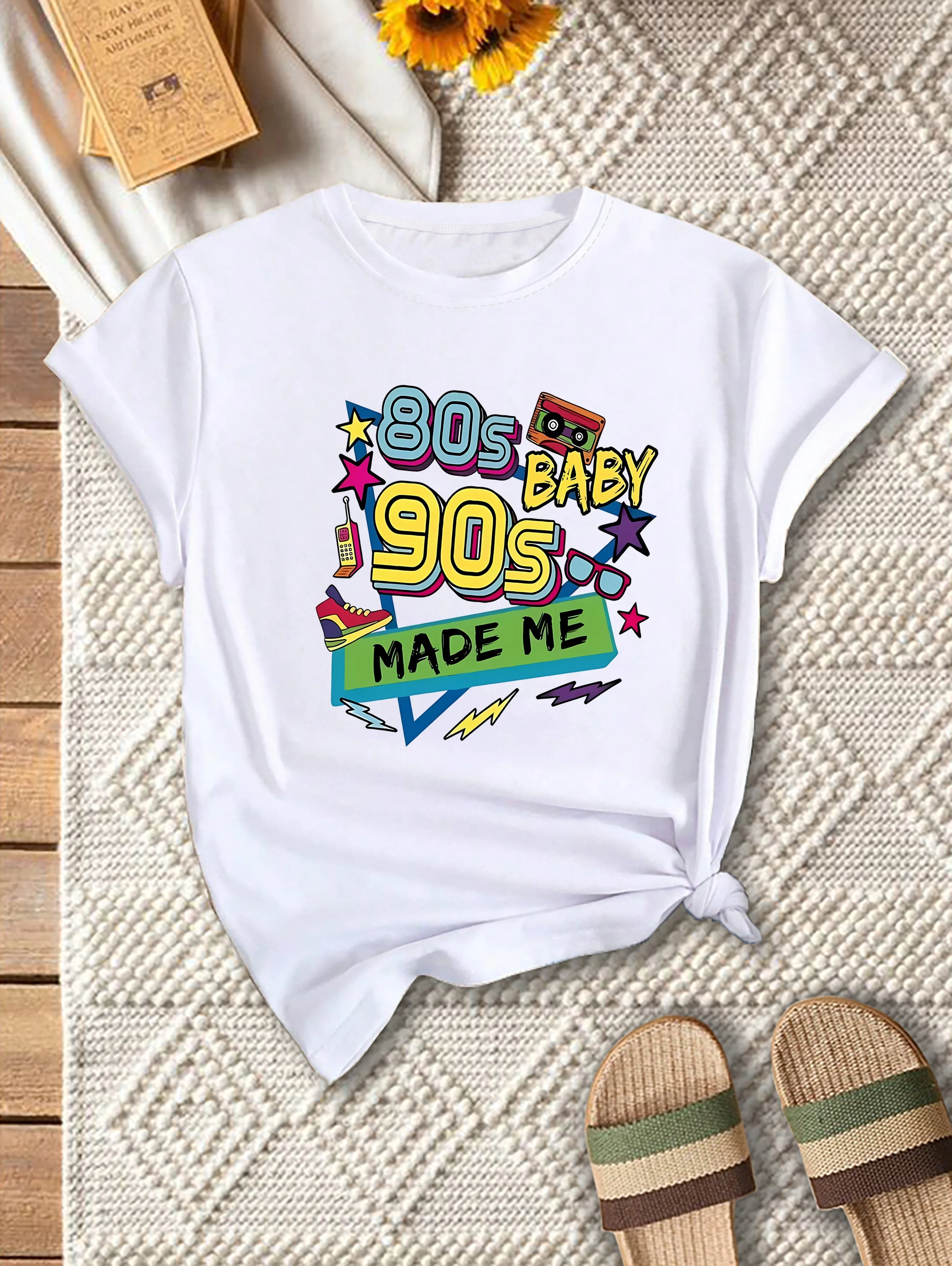 Plus Size Women's 80s Retro Graphic T-Shirt Colorful Star Number Print Casual Short Sleeve Top, Breathable Semi-Sheer Fabric