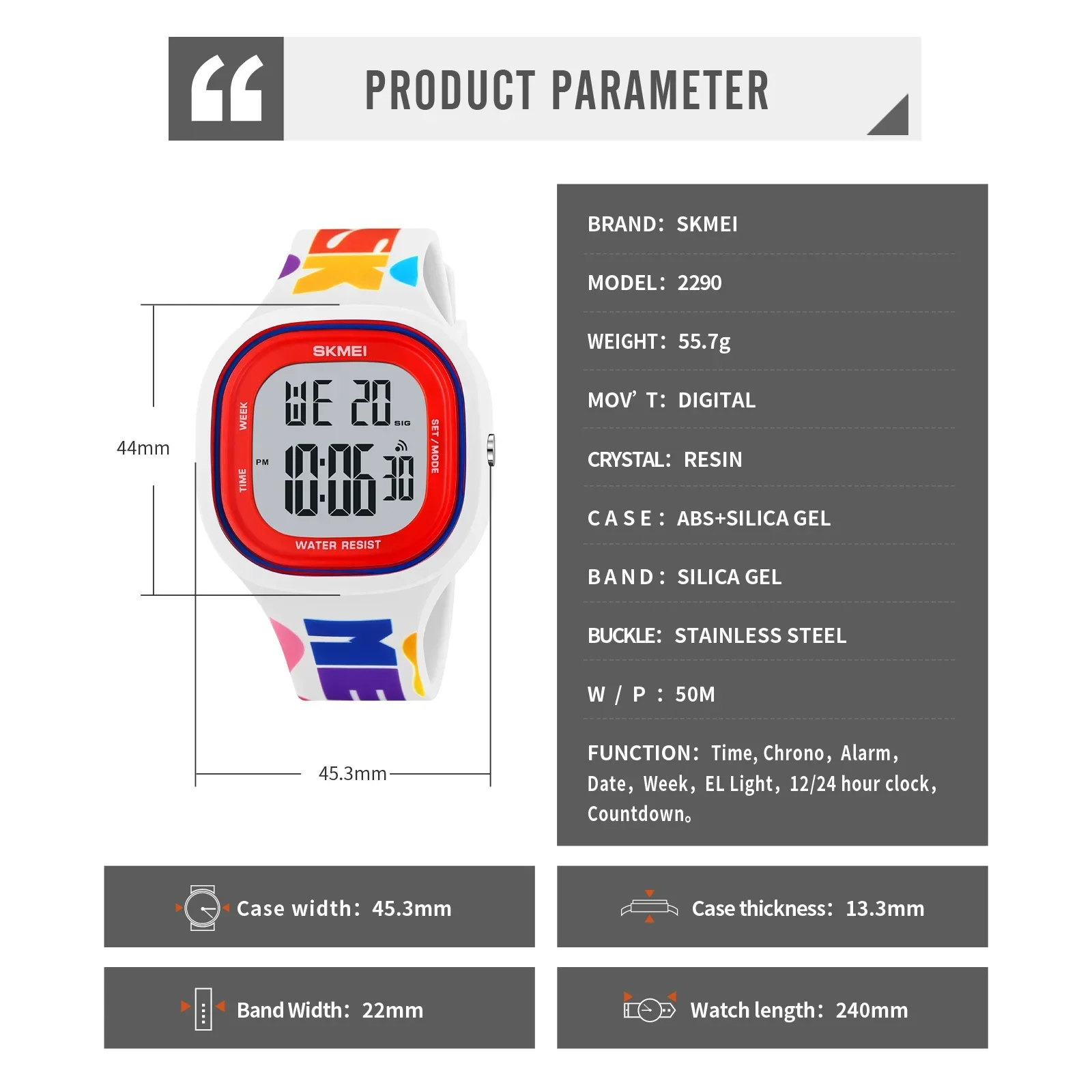 SKMEI 2290 นาฬิกาจับเวลาดิจิตอลกีฬานาฬิกาแฟชั่นชาย 5Bar กันน้ํานาฬิกาข้อมือสําหรับวัยรุ่น Boys และ Girls Cool Vitality