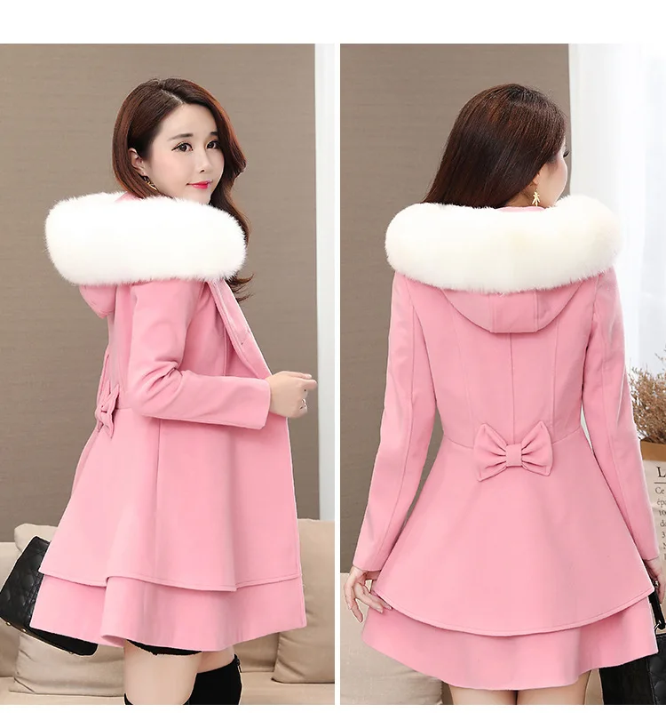 Women's Contrast Colour Fur Collar Wool Jacket Coat