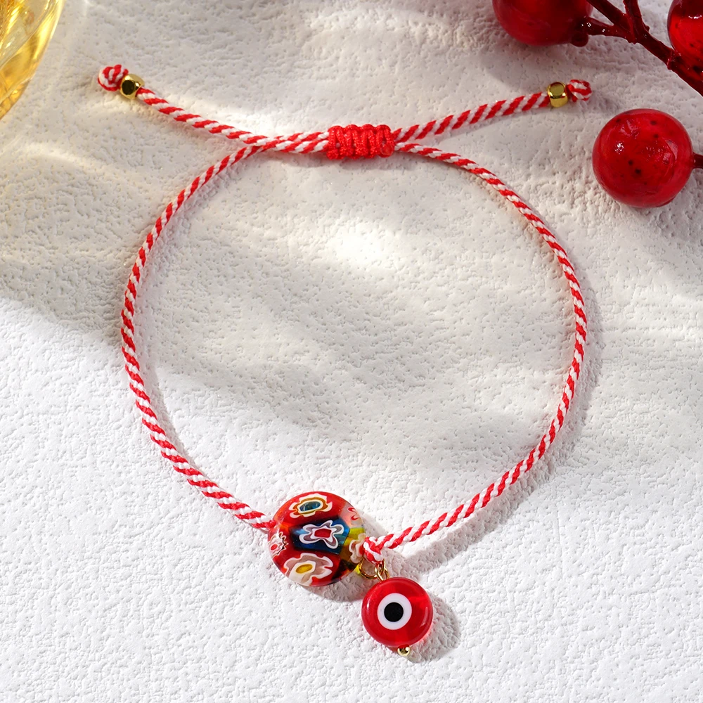 Go2boho 2024 Martis Series Glass Evil Eye and Thousand Flowers Glass Flat Bead Jewelry Greek March Bracelet for Women Date Gift