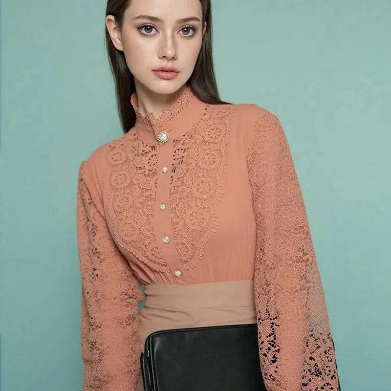 2024 Korean New Vintage White Lace Blouse Shirts Women Button Loose Shirt Tops Female Hollow Casual Ladies Blouses Blusas 12419