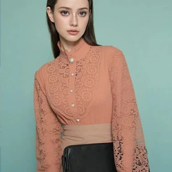2025 Korean New Vintage White Lace Blouse Shirts Women Button Loose Shirt Tops Female Hollow Casual Ladies Blouses Blusas 12419