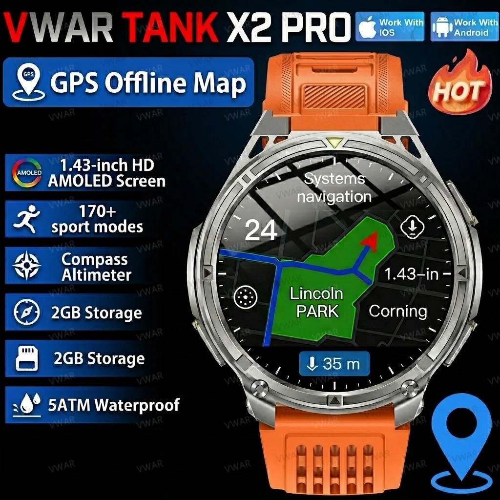 

Новые смарт-часы 2026 года с GPS и офлайн-картами, 1,43-дюймовым AMOLED-экраном, военным спортивным дизайном, 2 ГБ памяти, локальной музыкой, водонепроницаемостью до 50 м для плавания, браслет