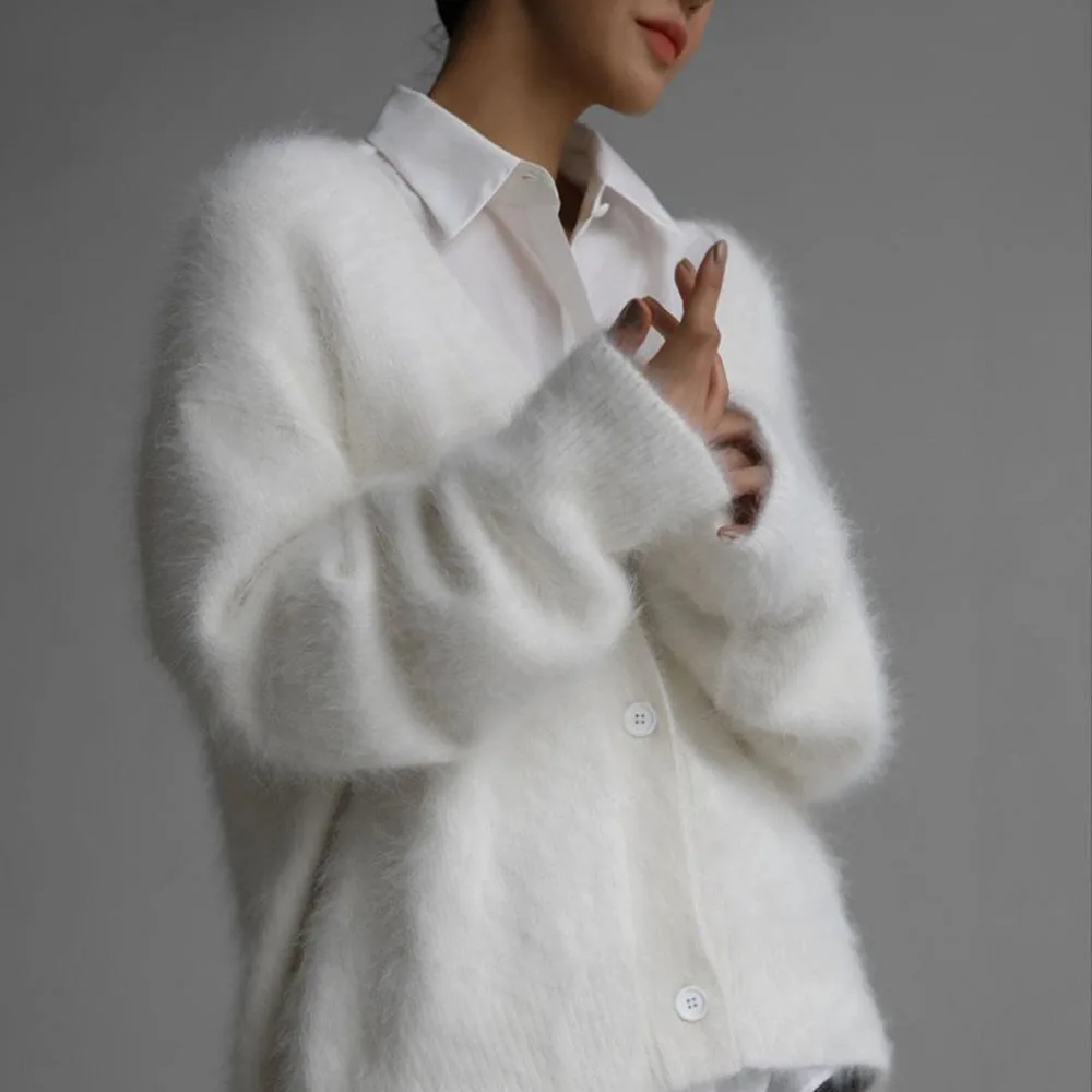 Solid Color Imitation Mink Wool Cardigan Single Breasted Knit Top Simple Sweater Coat Casual Daily Loose Outwear For Ladies