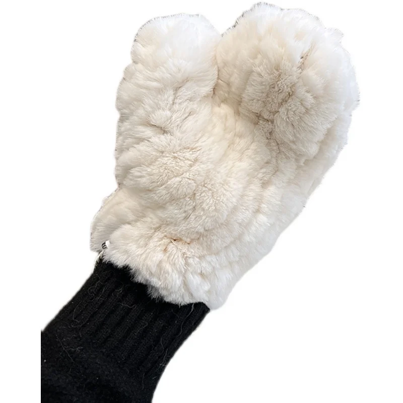 New Women 100% Real Rex Rabbit Fur Mittens Winter Warm Knitted Gloves Handmade Elastic Hand Warmer