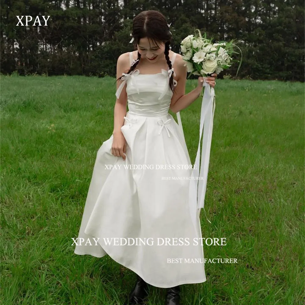 

XPAY Spaghetti Straps Korea Wedding Dresses 웨딩드레스 Taffeta Ribbons Wedding Party Photos Shoot Backless Custom Made Bridal Dress