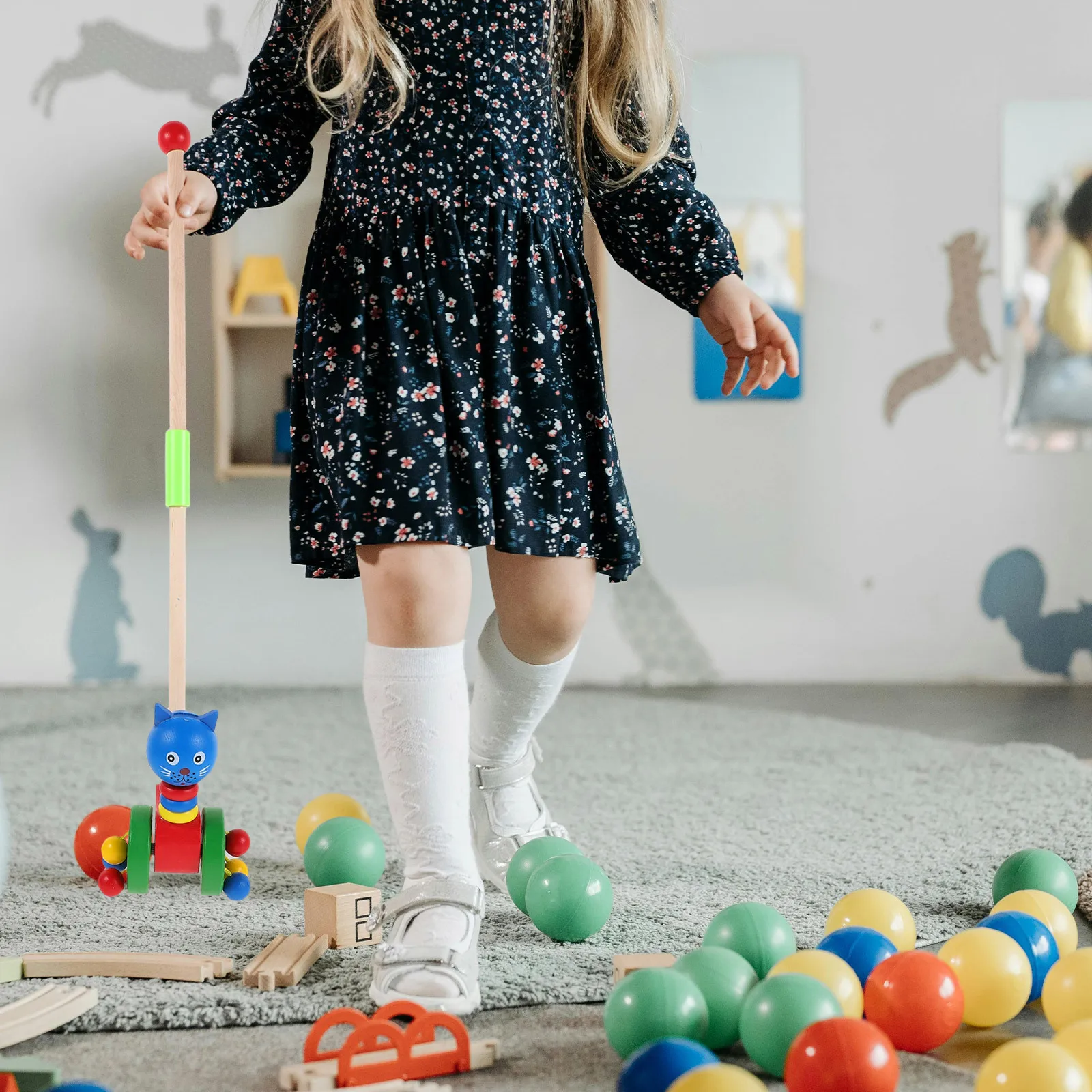 Wooden Baby Push With Cute Cartoon Animal Design Safe Rounded Edges Toddler Walker Encourages Motor Skills Pull Cart For