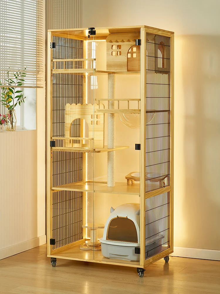 Wood Cat Villa Household Non occupying Cat Cage Small Unit  House Nest Panoramic Glass Cabinet