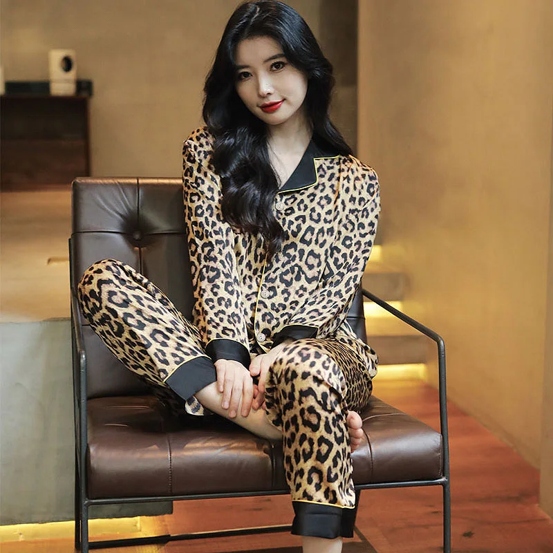 Women's Leopard Print Pyjamas Homewear Suit Ladies Long-Sleeved Trousers Homewear Fashion Simulation Silk Women's Clothing