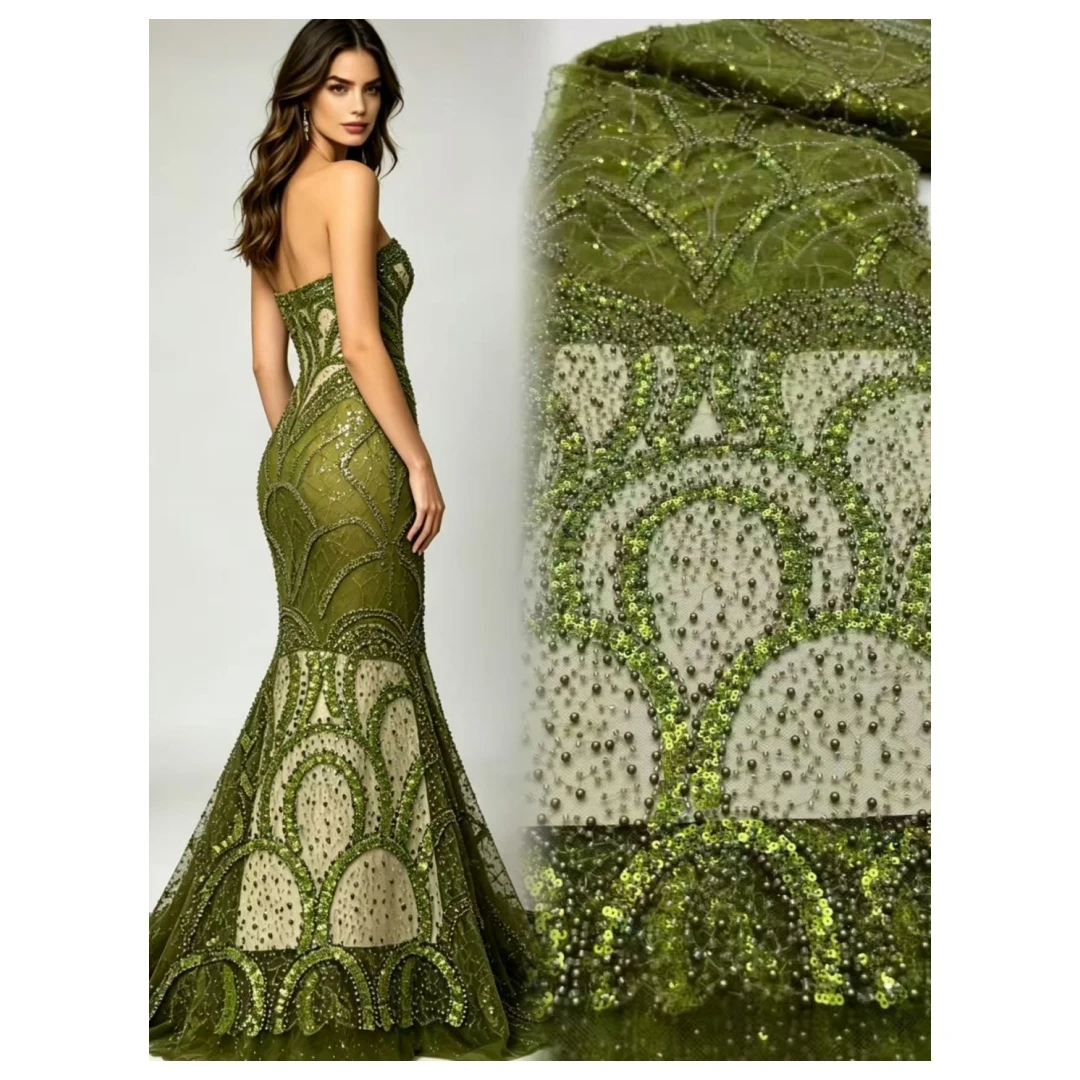 

5Yards African Lace Fabric High Quality Beaded Embroidered Mesh Lace with French Sequins for Wedding Nigerian 2026 Latest Design