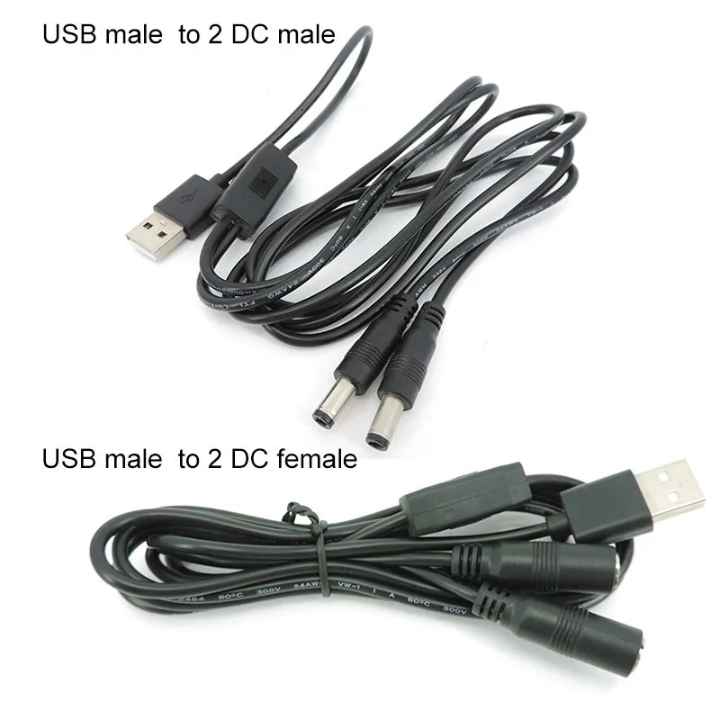 Cable divisor USB 2,0 macho a 2 vías DC macho hembra, 1m, 22AWG, enchufe 3A, adaptador de Cable de fuente de alimentación de 5,5x2,5mm, tira de conector W1