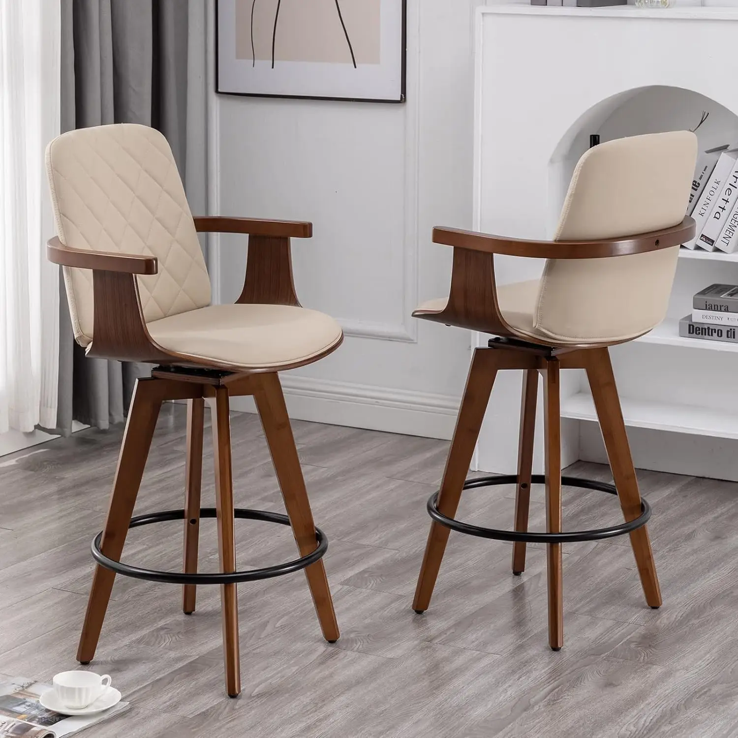 Set of 2, Upholstered Faux Leather Counter Height Bar Stools, Swivel Barstools with Wooden Arms , 25.6-Inch Seat Height, Beige