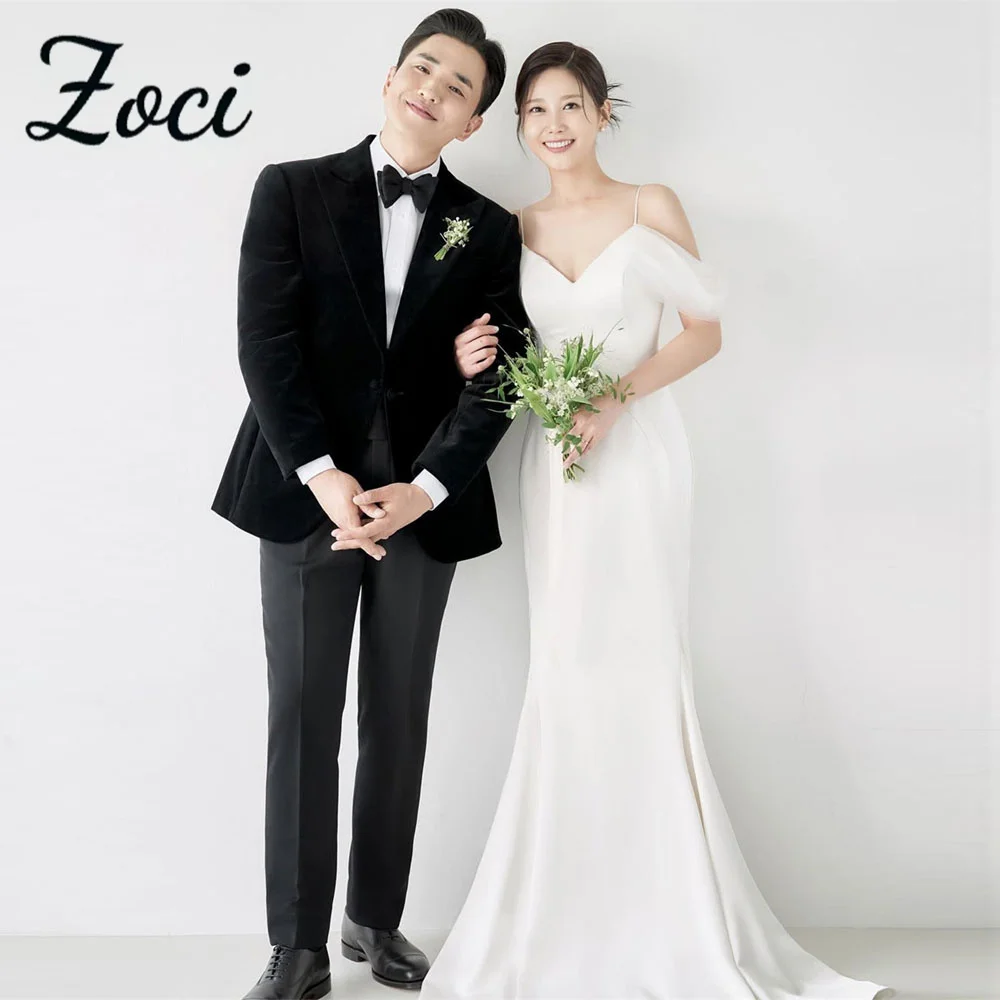 

Zoci Sexy V Neck Mermaid Korea Wedding Dresses Customized Photos Shoot Dress Spaghetti Straps Sweep Train Elegant Bridal Gowns