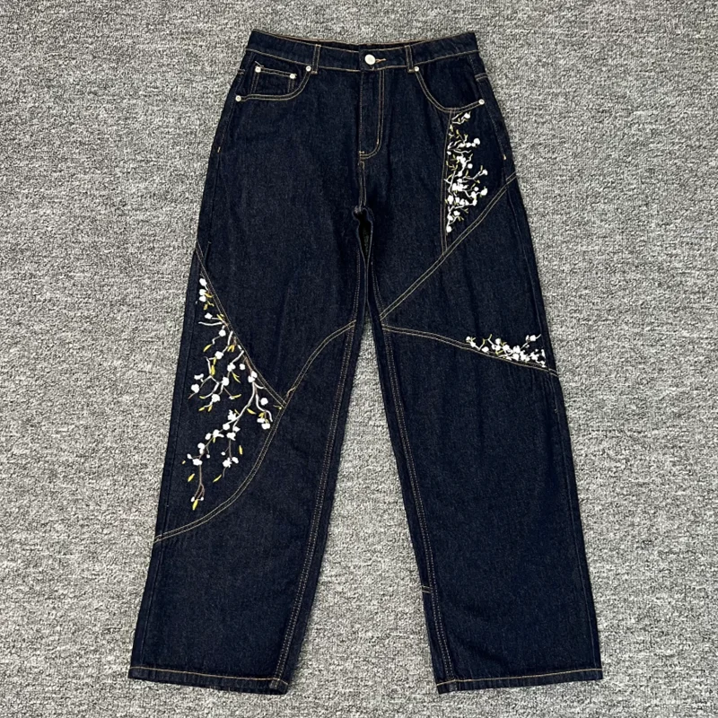 

25fw Derschutze Embroidery Blossom Denim Leg Jeans Pants Men Women Patchwork Joggers Trousers