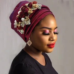Raw Silk African Turban Cap Flower Headwrap Bonnet Nigeria Wedding Headtie Wedding Party Headgear Turbante Mujer