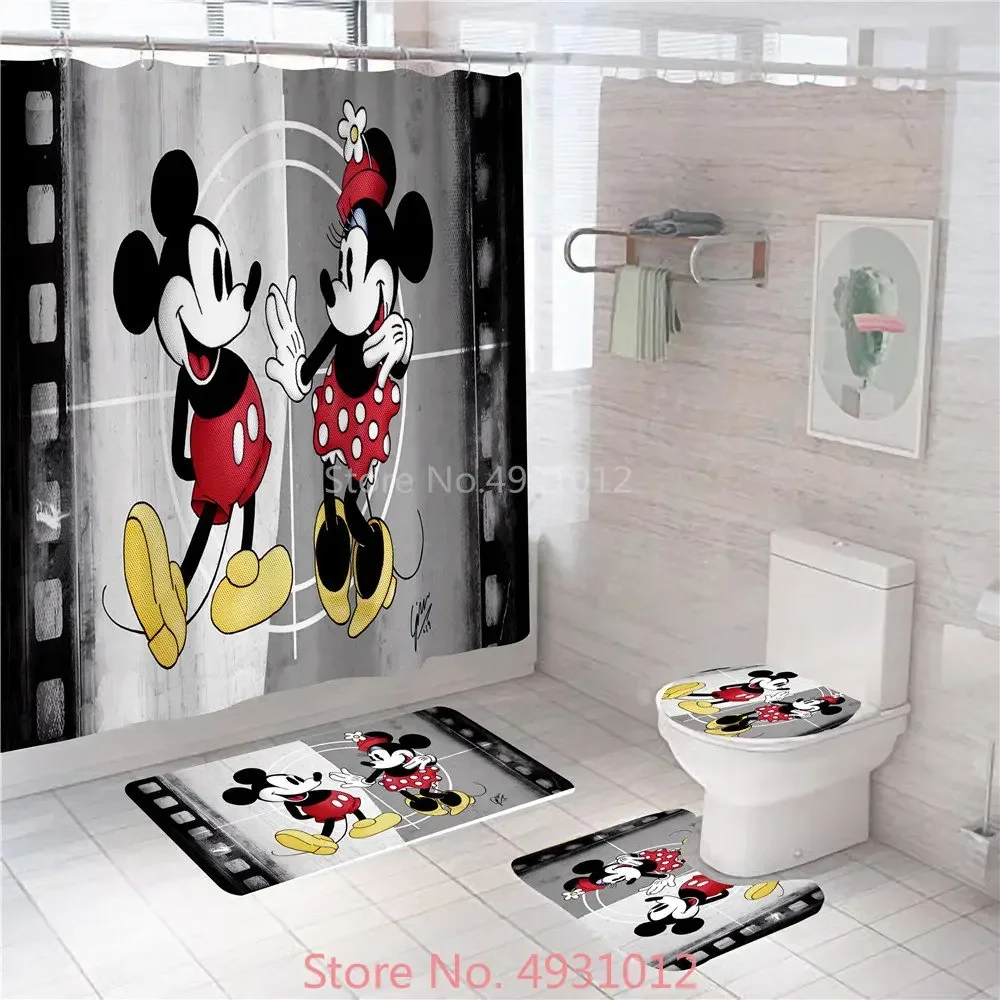 Anime Mickey Minnie Mouse Bathroom Non-slip Mat Set Waterproof Funny Kids Shower Curtain Pedestal Toilet Cover Bath Rug