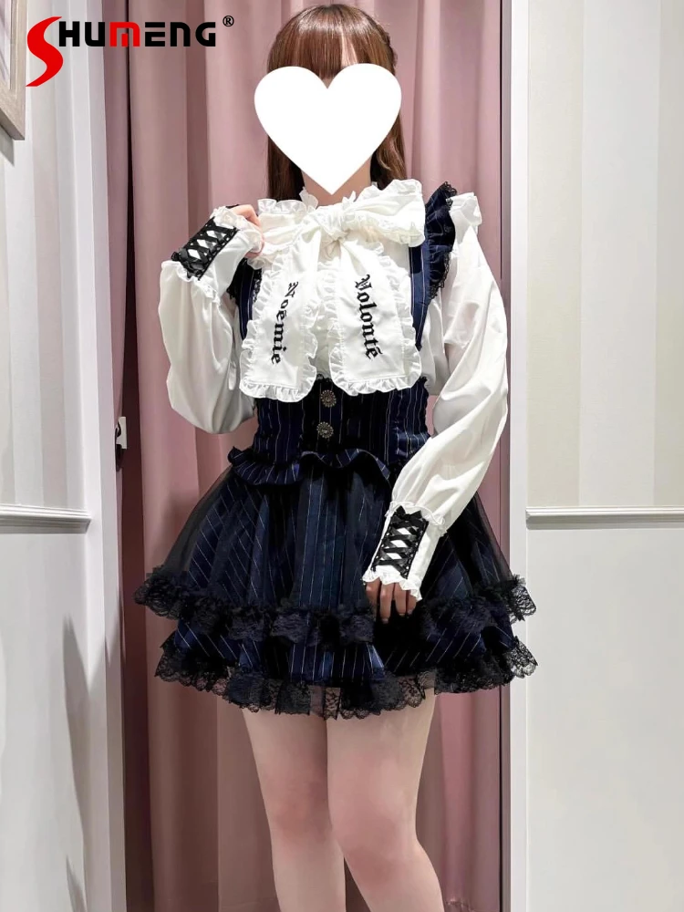 

Japanese Mines Style Mass-Produced Retro Gothic Ruffled Lace-Up Embroidered Bow Tie Long Sleeve Versatile Sweet Shirt Top Women