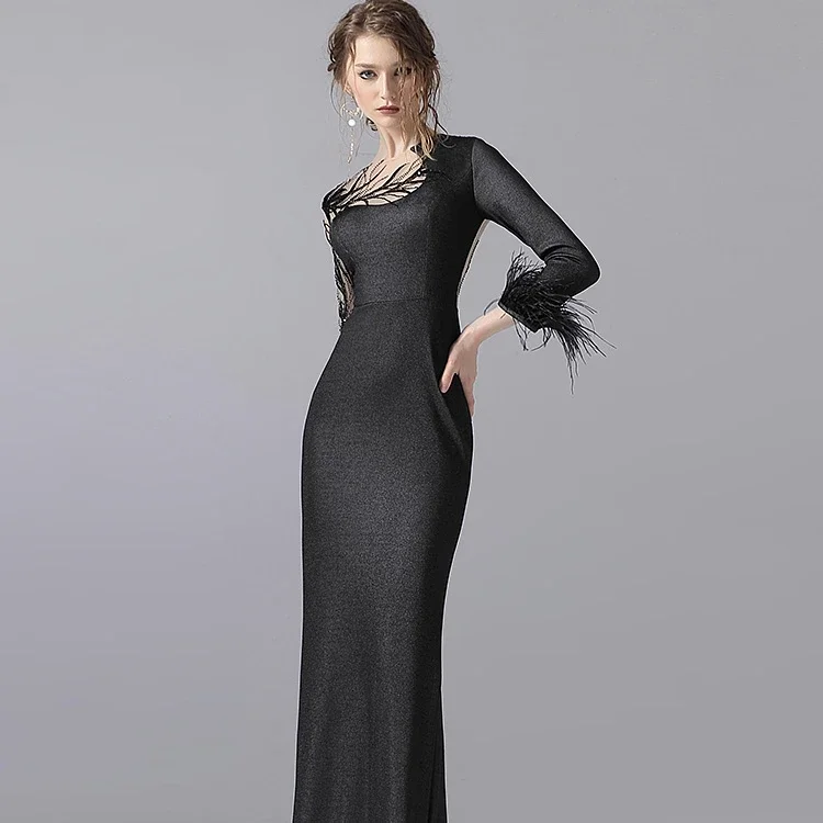 Elegant Party Dress Sequins Bead Feather Lace Straight Lace Custom Lady Evening Dress