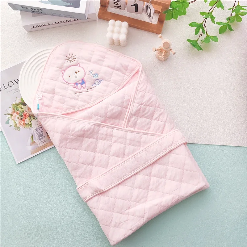 Embroidery Baby Blanket Infant Cotton Square Envelop Swaddle For Newborn Baby Boys Girls Wrap Cartoon Hooded Sleepsack Bed Quilt