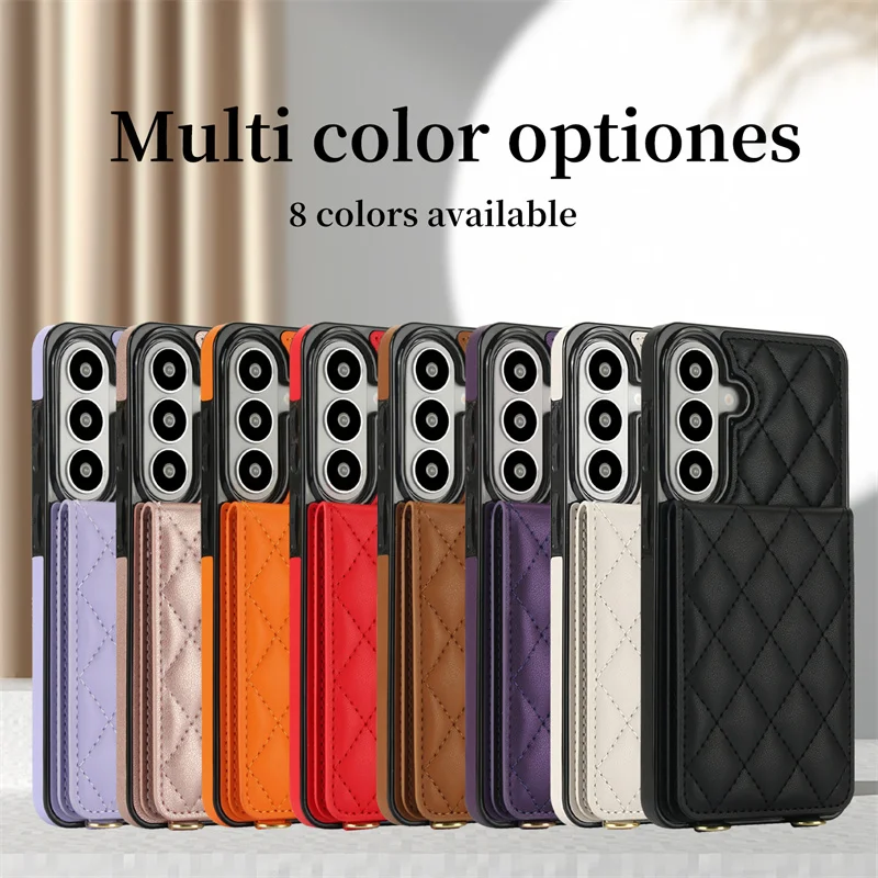 Phone Case for Samsung S26 FE Ultra Plus S25 Edge S24 S23 S22 Diamond-Patterned Leather with Lanyard Flip-Top Hidden Card Slot