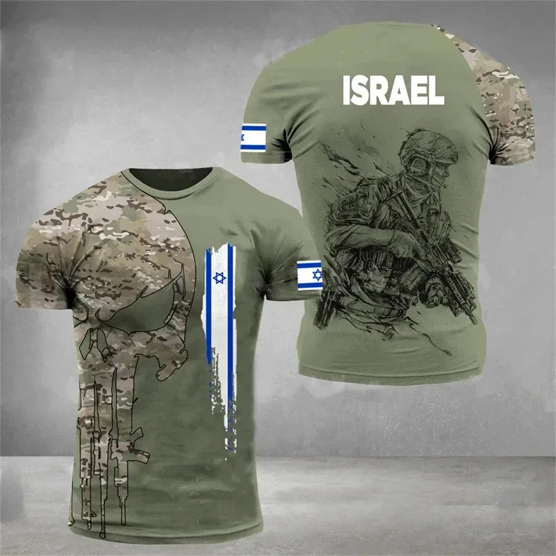 Men's Israel Flag IDF Military Tactical T-shirt 3D Camo Skull Soldier Graphic Short Sleeve O-neck Casual Army Green Tee Tops