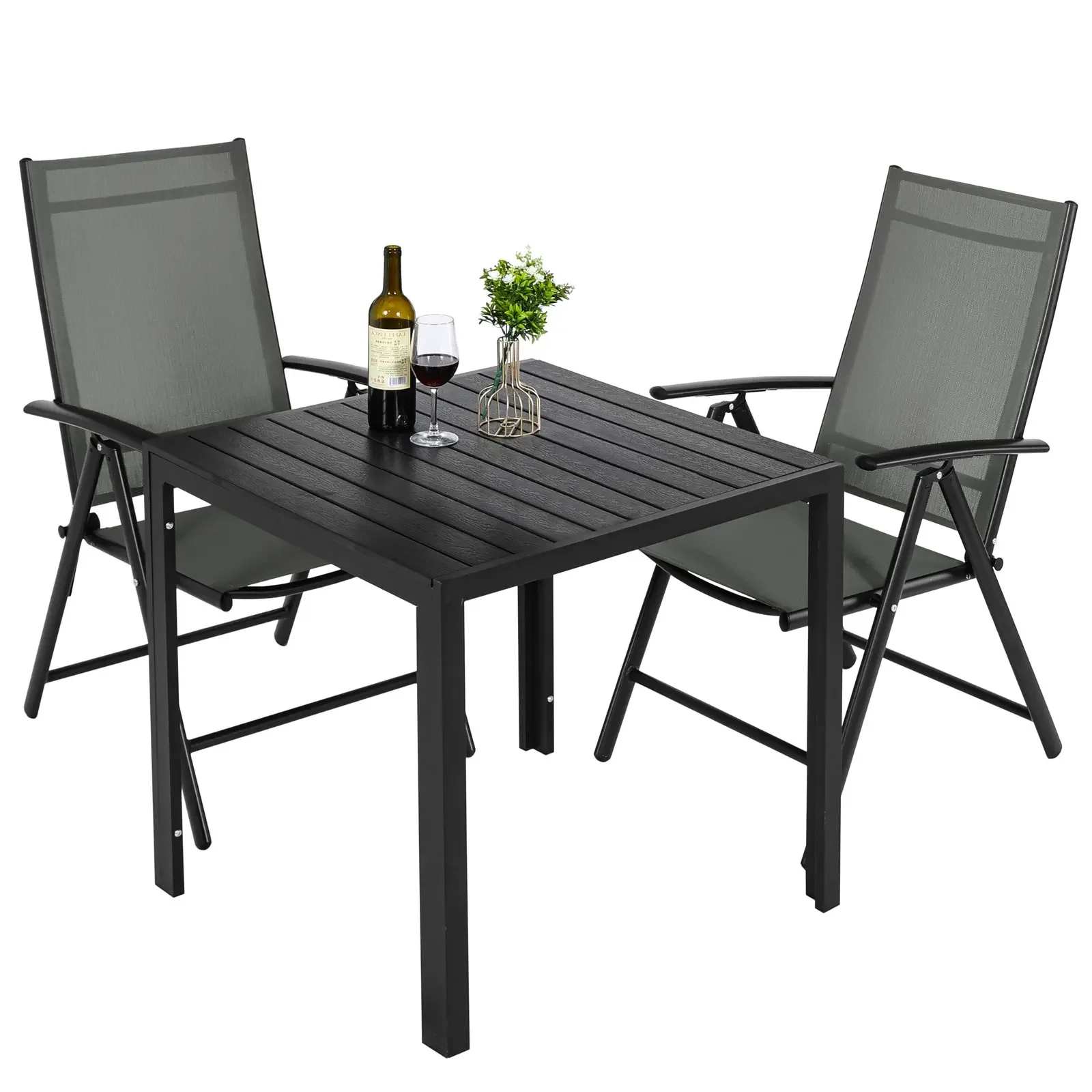 3Pcs Patio Dining Set, Outdoor Table and Chair Set Garden Backyard Poolside Deck with 2 Textilene Chairs,Adjustable Folding Back