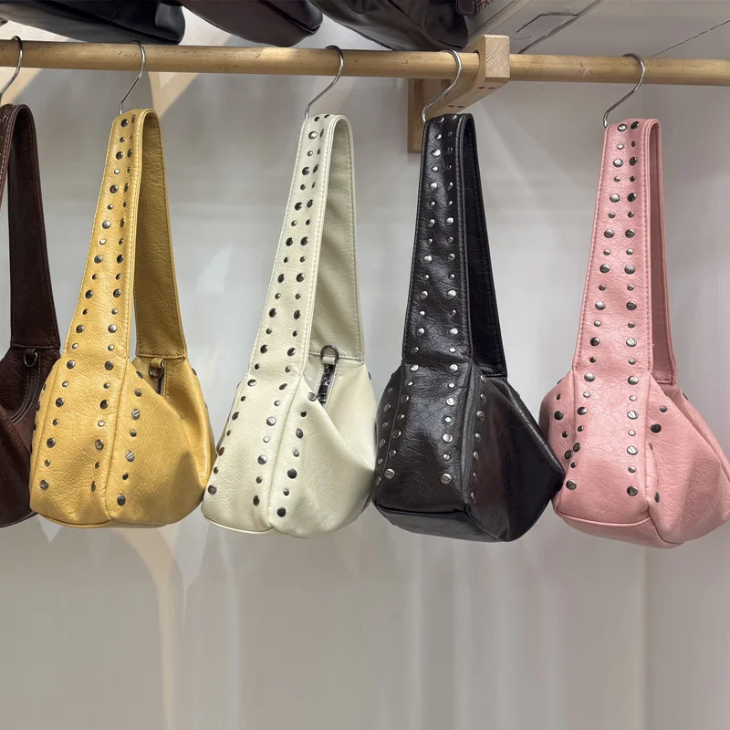 Casual Punk Style Rivet Design Soft Leather Underarm Bags Women Motorcycle Shoulder Bag Large Capacity Lady Handbags Retro