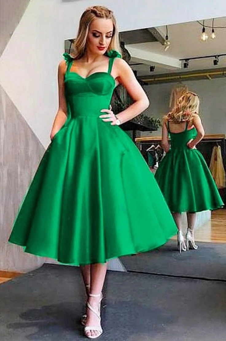 Red Womens Spaghetti Strap Short Satin Homecoming Dress Tea Length Prom Ball Gown A Line Cocktail  with Pockets