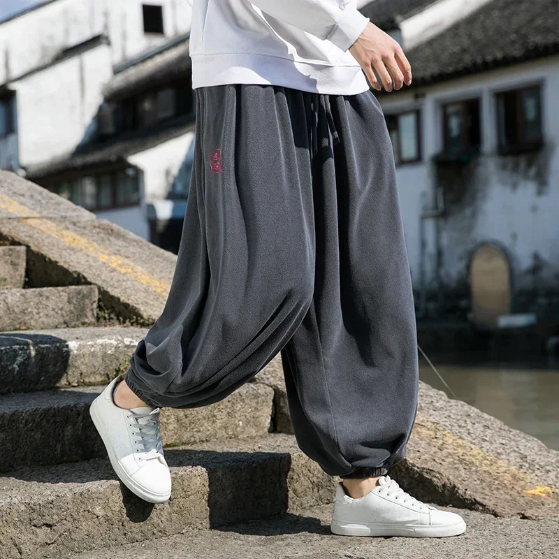 2025 Spring Autumn Men Polar Fleece Pants Men Velvet Black Harem Pants Male Solid Color Wide Leg Pants Harajuku Jogging Trousers