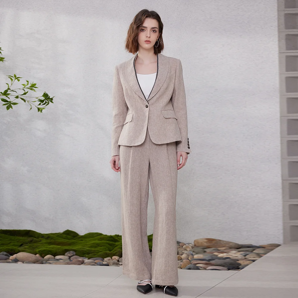 K1186WK1187W 100% Linen Formal Women Blazer And Pants Set Women Suits Office Formal Women\'s Clothing