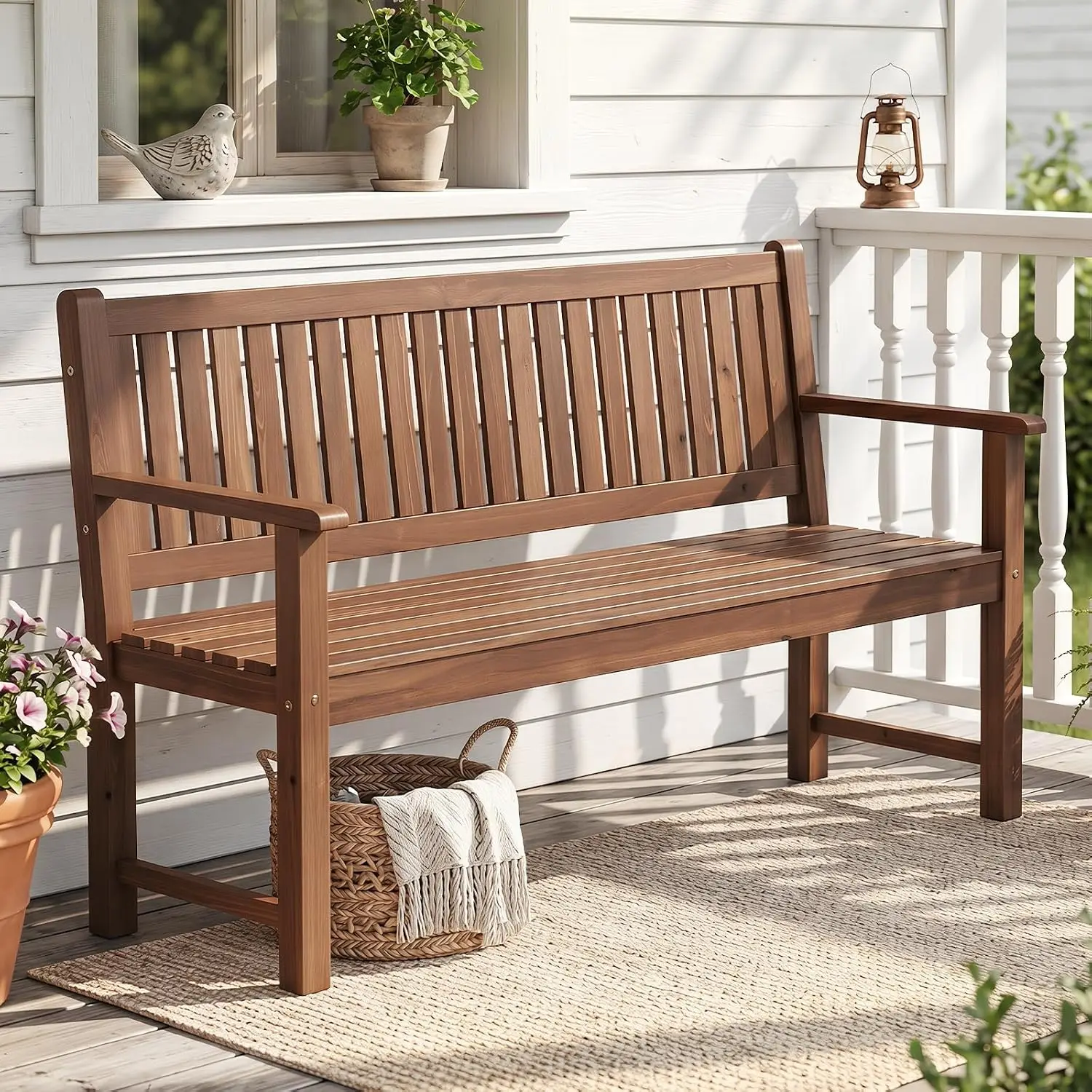 3-Seater Outdoor Wooden Bench, 59” Large Garden Bench with Backrest, Armrests, Slatted Seat, Loads up to 990 LBS,, Customized