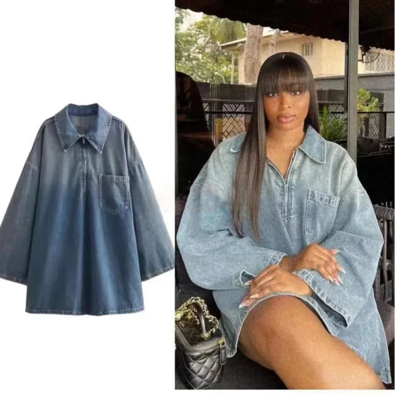 

Denim Dress Long Sleeve Turn Down Collar Blouses Dresses Women Single Breasted Washed Distressed Casual Summer Button Loose