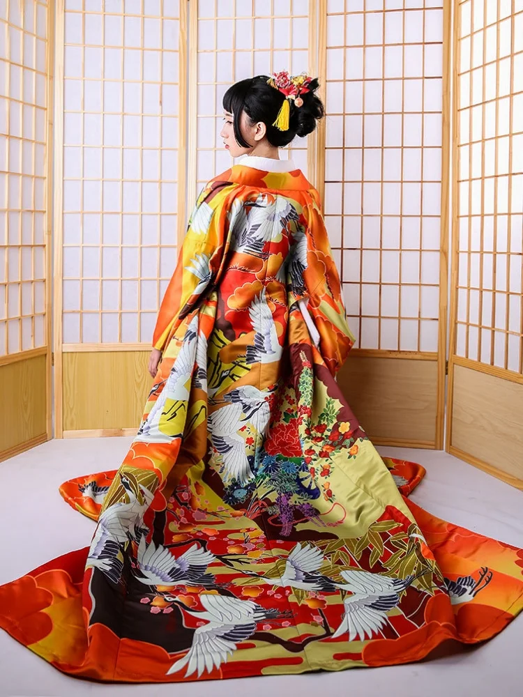 

Japanese Traditional Formal Yukata Floral Prints Long Sleeve Kimono Stage Performance Dress Cosplay Costume 2026 new