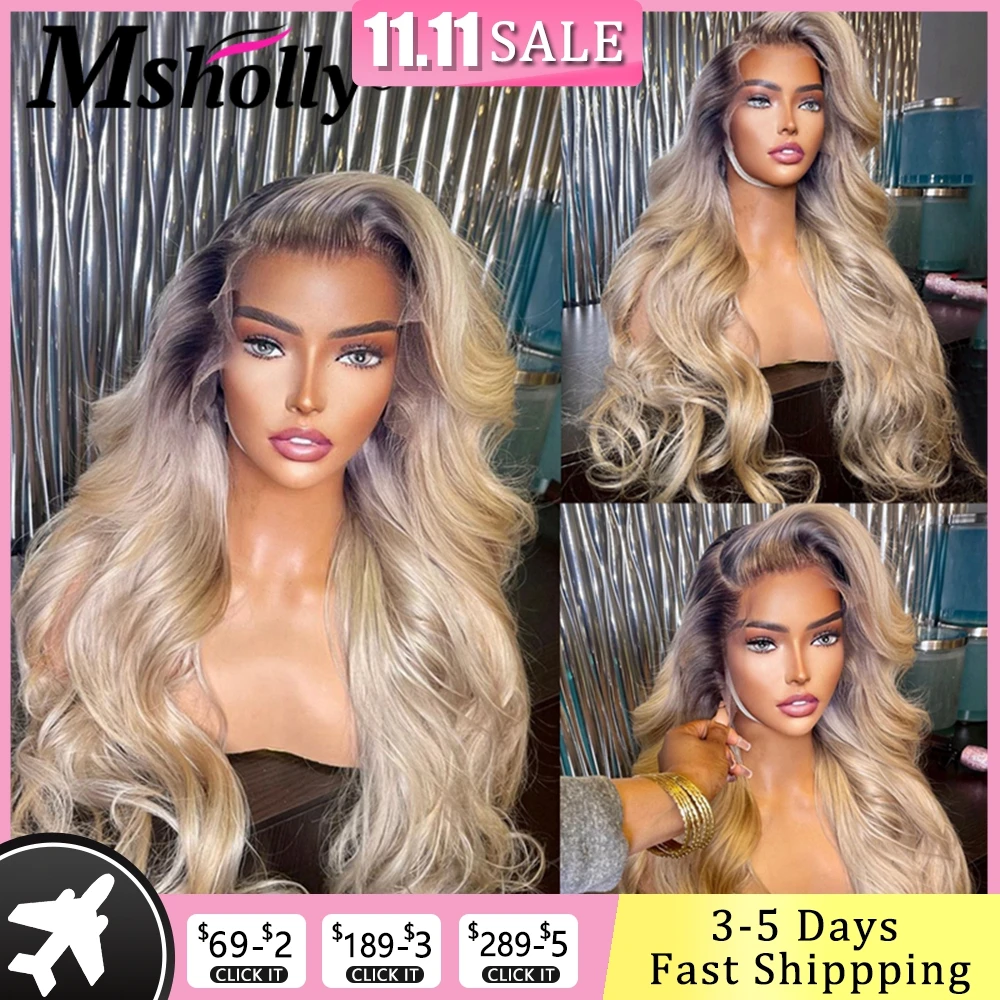 Ash Blonde Wig Human Hair Transparent 13x4 Lace Frontal Wigs 180% Density Ombre Body Wave 4x4 Lace Frontal Human Hair Wigs