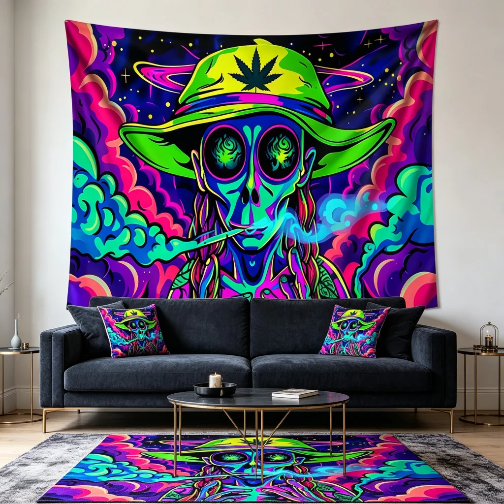 1PC Skull Cannabis Hat Neon Print Backdrop Banner, Bedroom Living Room Photo Background, Polyester, Home Decor, Wall Art