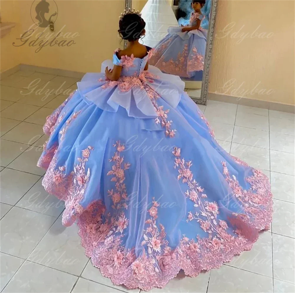 

Flower Girl Dresses Blue Flower Girl Dresses For Wedding Princess Ball Gown Lace Appliques Off Shoulder V-Neck Kids First Commun