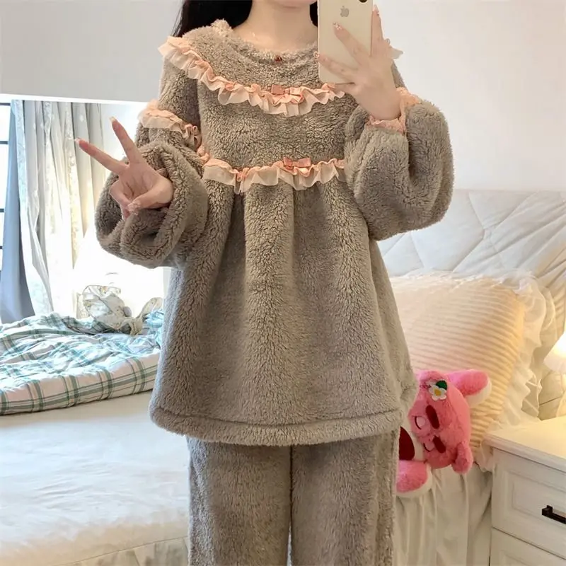 

Lace Women Pajamas Set Winter Fleece Sleepwear 2 Piece Pant Ruffles Home Suit Fluffy Piiama Warm Solid Fashion Night Wear