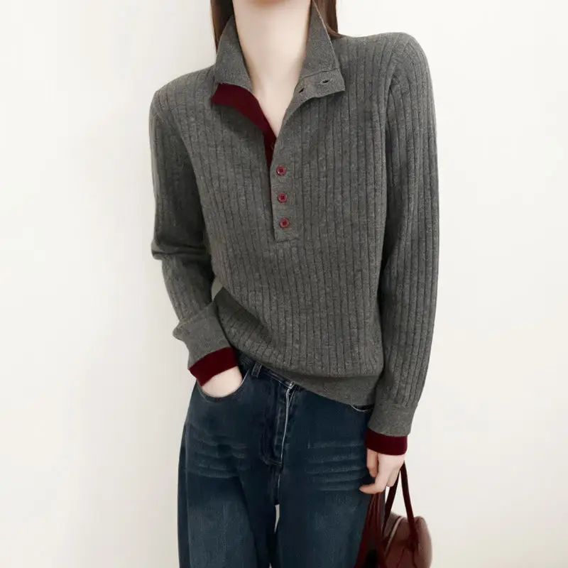 

Women's Autumn Winter Tops Sweater Knitted Collar Colorblocking Vintage Simple Comfortable Casual Design Fashion Advanced Niche